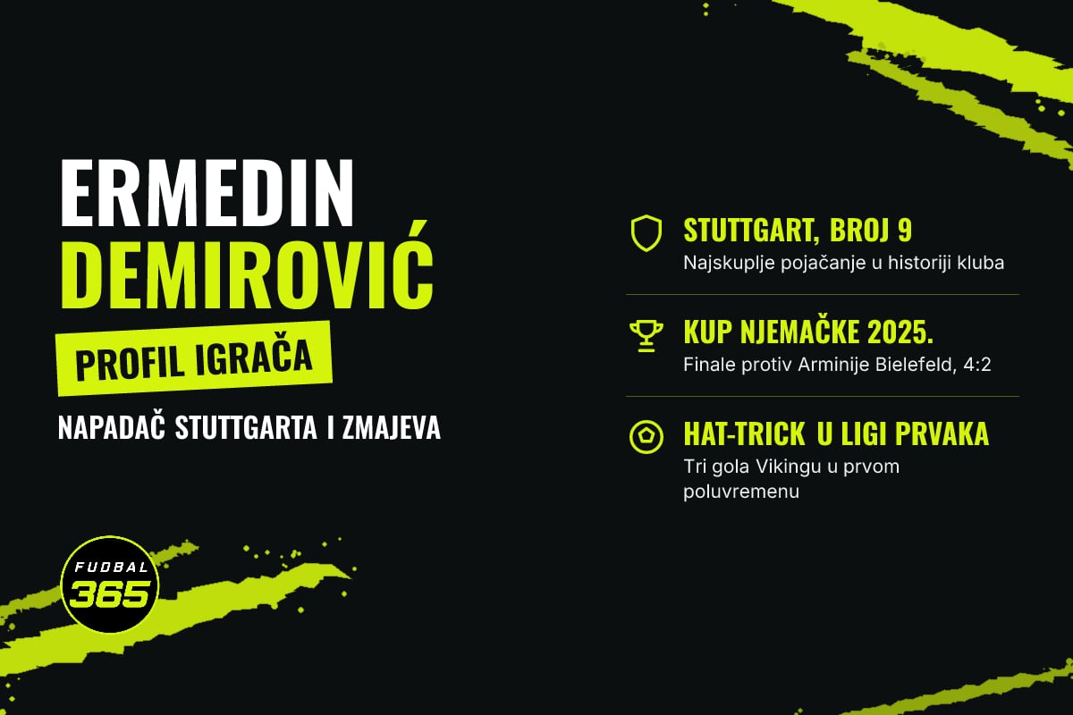 Grafika: natpis Ermedin Demirović, profil igrača, i tri činjenice o Stuttgartu, Kupu Njemačke i hat-tricku u Ligi prvaka