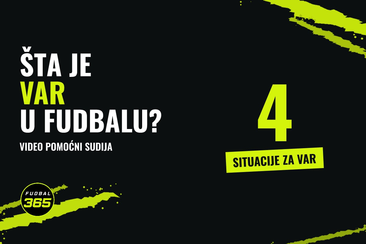 Grafika: natpis Šta je VAR u fudbalu i broj 4, situacije u kojima se VAR uključuje